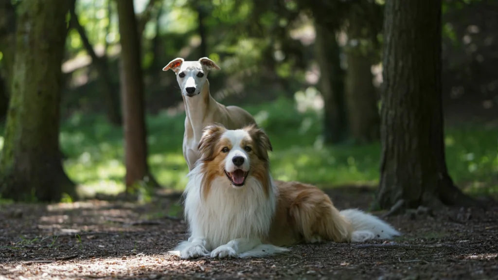 A Border Collie lies on the ground while a tan Whippet stands behind it against a forest in the background.